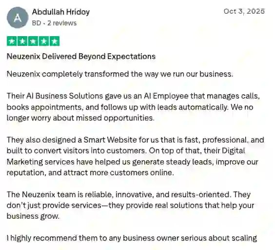 Verified 5-star client review on Trustpilot