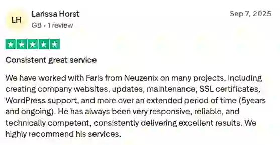 Verified 5-star client review on Trustpilot